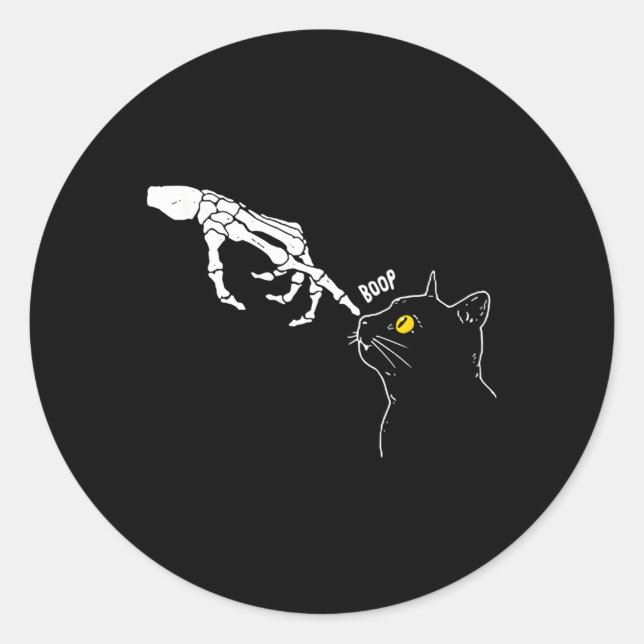 Cat Black Skeleton Hand Boop Halloween Classic Round Sticker (Front)
