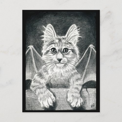 cat black  white gargoyle Halloween postcard