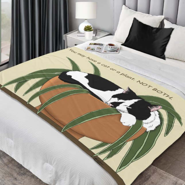Cat Black White Plant Funny Fleece Blanket (Creator Uploaded)