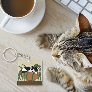 Cat Black White Plant Funny Keychain