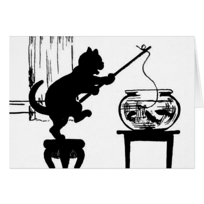 Cat Black/White Silhouette Fishing in Fish Bowl Cards
