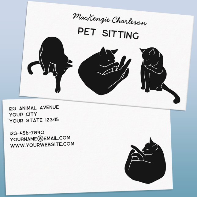 Cat Block Print Pet Services Minimalist Business Card (Modern minimalist block print cat black and white personalized pet sitting business cards
)