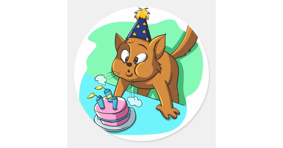 Cat blowing candles classic round sticker