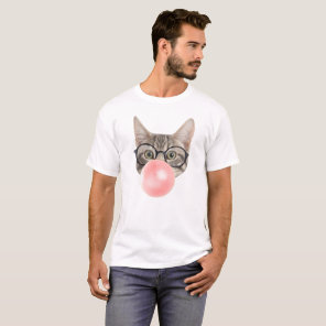 Cat Blows Giant Gum Bubble Pink Shirt Smart Glasse