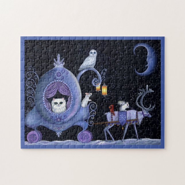 Cat Blue Carriage Winter Snowy Owl White Deer Cute Jigsaw Puzzle (Horizontal)