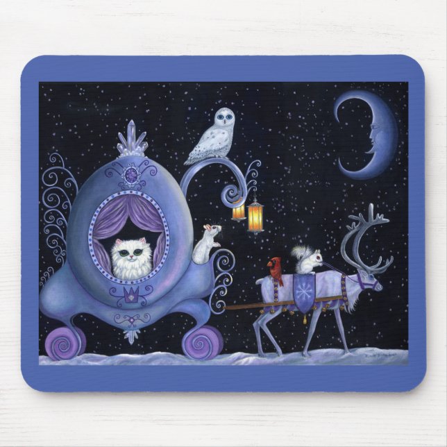 Cat Blue Carriage Winter Snowy Owl White Deer Cute Mouse Pad (Front)
