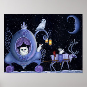 Cat Blue Carriage Winter Snowy Owl White Deer Cute Poster
