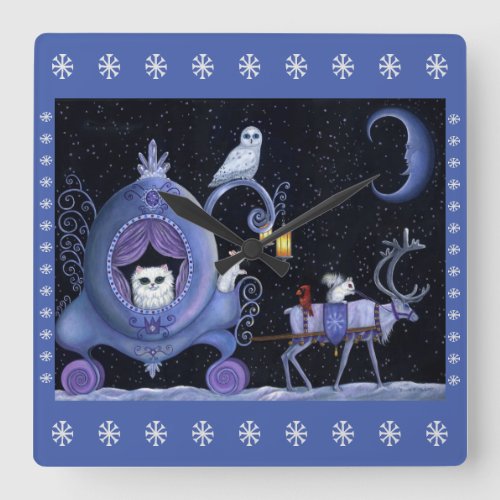 Cat Blue Carriage Winter Snowy Owl White Deer Cute Square Wall Clock