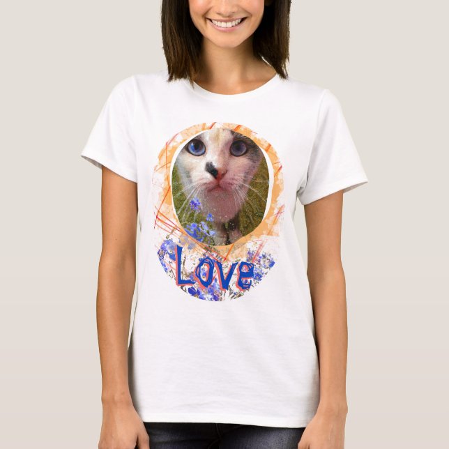 Cat Blue Eyes Love Forget-me-not Cute T-Shirt (Front)