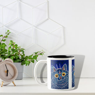 Cat blue unique artistic kaleidoscope cute Two-Tone coffee mug