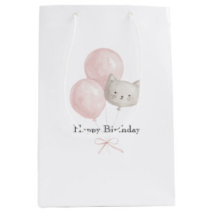 Cat Blush Pink Balloons Birthday Medium Gift Bag