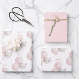 Cat Blush Pink Balloons Birthday Wrapping Paper Sheets