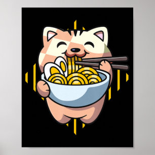 cat boba eat ramen anime kawaii neko cat poster