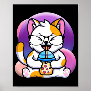 cat boba eat ramen anime kawaii neko cat poster