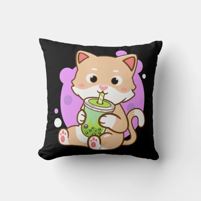 Cat Boba Kawaii Bubble Tea Anime Neko Girls Teenag Throw Pillow (Front)