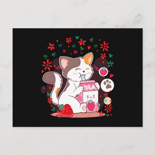 Cat Boba Shake Strawberry Milk Invitation Postcard (Front)