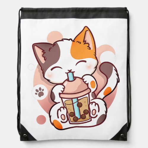 Cat Boba Tea Bubble Tea Anime Kawaii Neko for Girl Drawstring Bag
