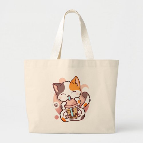 Cat Boba Tea Bubble Tea Anime Kawaii Neko for Girl Large Tote Bag