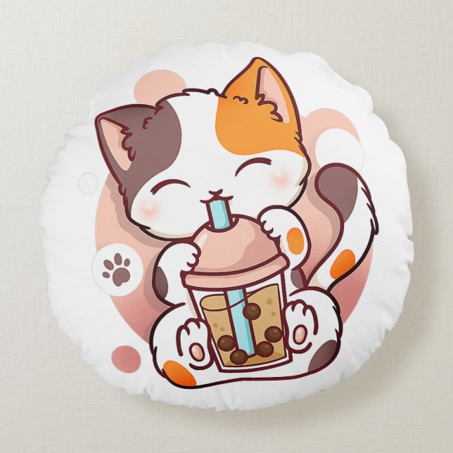 Cat Boba Tea Bubble Tea Anime Kawaii Neko for Girl Round Pillow (Front)