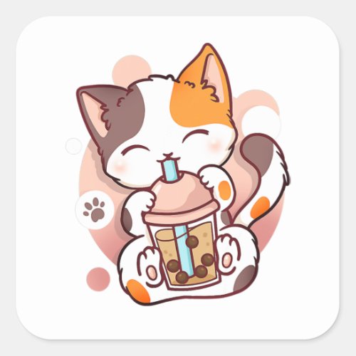 Cat Boba Tea Bubble Tea Anime Kawaii Neko for Girl Square Sticker