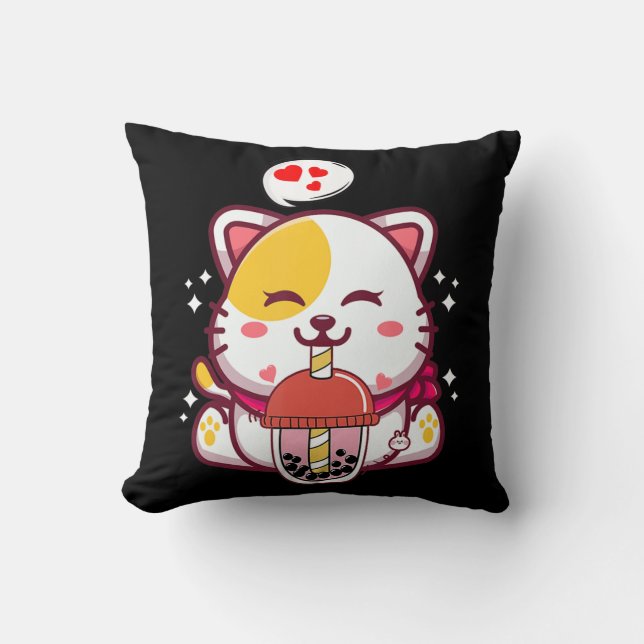 Cat Boba Tea Bubble Tea Anime Kawaii Neko Gifts Gi Throw Pillow (Front)