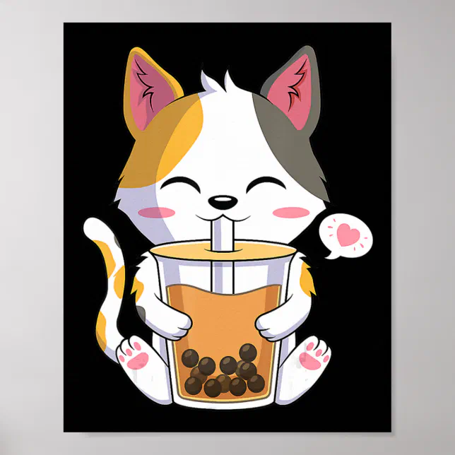 Cat Boba Tea Bubble Tea Anime Kawaii Neko Girl Tee Poster | Zazzle