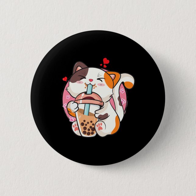 Cat Boba Tea Bubble Tea Anime Kawaii Neko Kids Tee Button (Front)