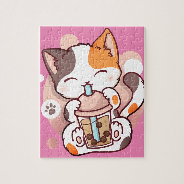 cat boba tea bubble tea anime kawaii neko pullover jigsaw puzzle (Vertical)