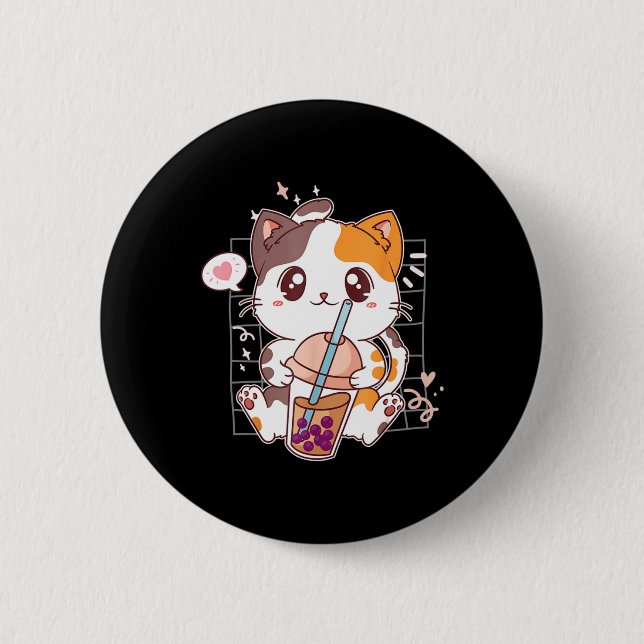 Cat Boba Tea Bubble Tea Kawaii Anime Japanese Neko Button (Front)