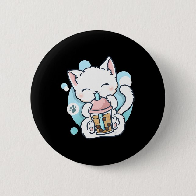 Cat Boba Tea Bubble Tea Kawaii Anime Japanese Neko Button (Front)