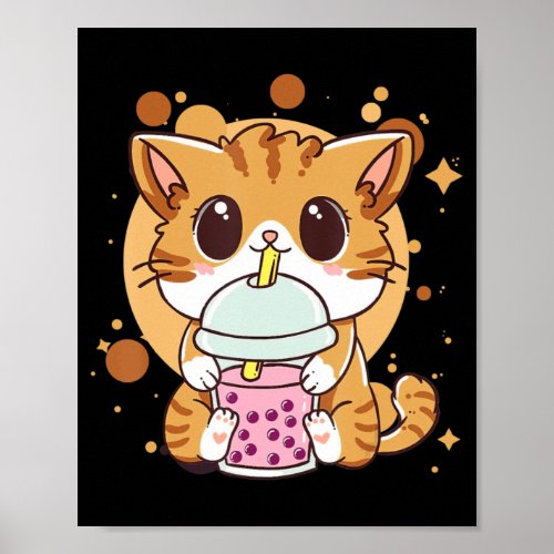 Cat Boba Tea Bubble Tea Kawaii Anime Japanese Neko Poster