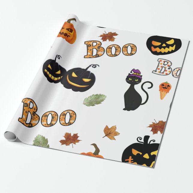 Cat Boo Halloween Wrapping Paper (Unrolled)