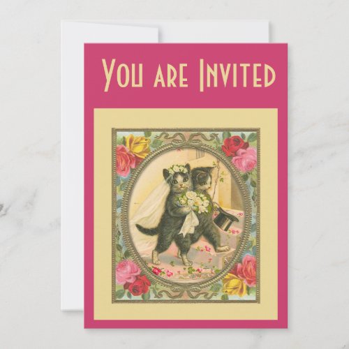 Cat Bride and Groom pink wedding invitation