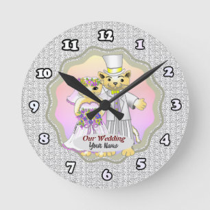 Cat Bride and Groom Wedding Round Clock