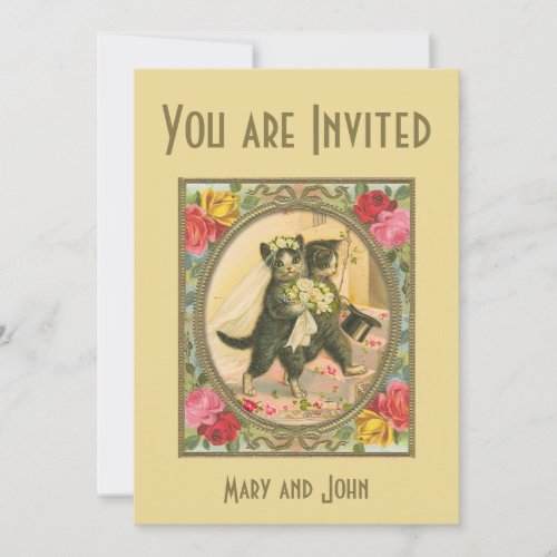 Cat Bride and Groom yellow wedding invitation