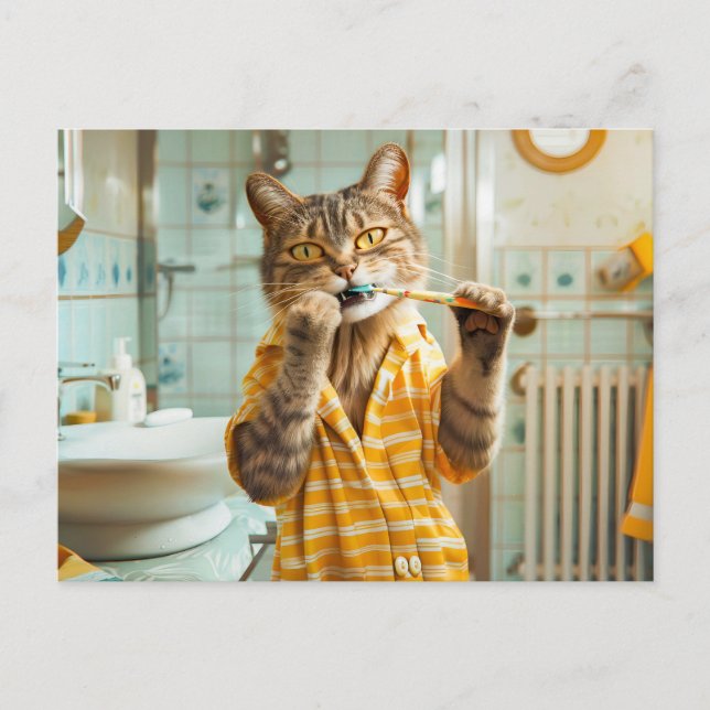 Cat brushing teeth in striped pajamas bathroom holiday postcard (Front)