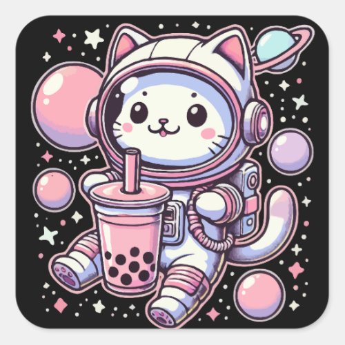 Cat Bubble Boba Tea In Space Astronaut Anime Square Sticker