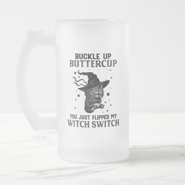 Cat Buckle Up Buttercup Funny Halloween Cat Lovers Frosted Glass Beer Mug (Left)