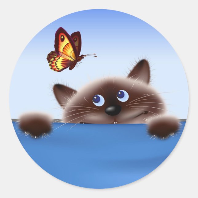 Cat & Butterfly Classic Round Sticker (Front)