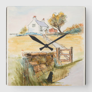 Cat by the Gate Square Wall Clock