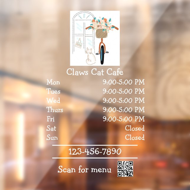 Cat Cafe Coffee Shop Open Hours Window Cling (Sheet 2)