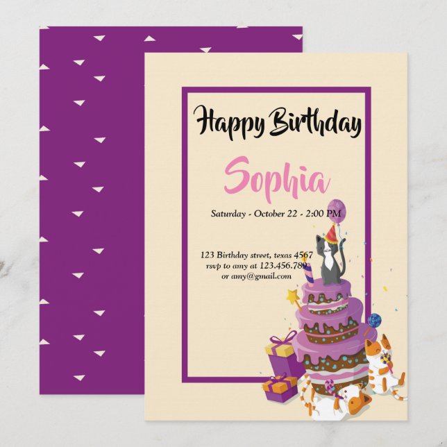 cat cake purple  birthday card (Front/Back)