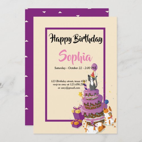 cat cake purple  birthday card