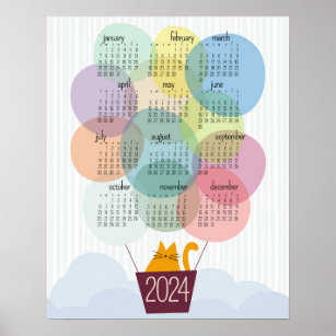 cat calendar 2024 - cute cat in a hot air balloon poster