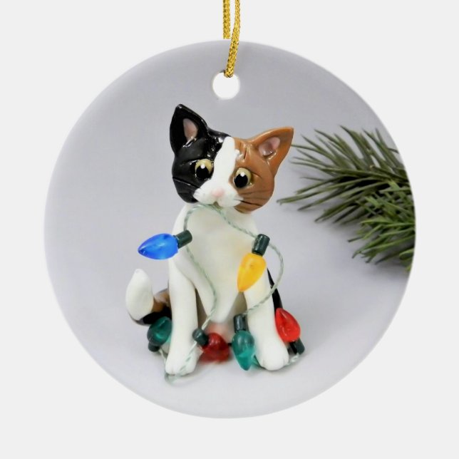 Cat Calico Holiday Ceramic Ornament (Front)