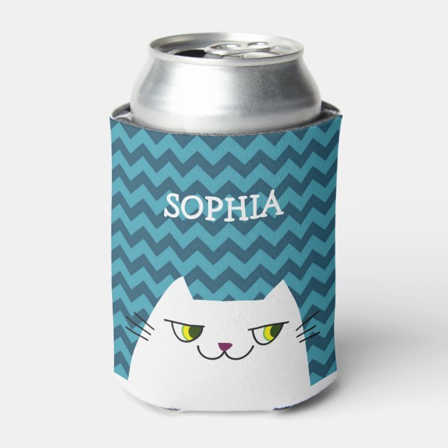Cat Can Cooler Monogram Blue Chevron Cute (Can Front)