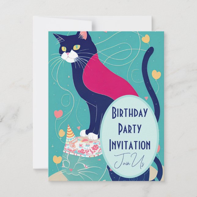 Cat cape birthday party invitation turquoise navy (Front)