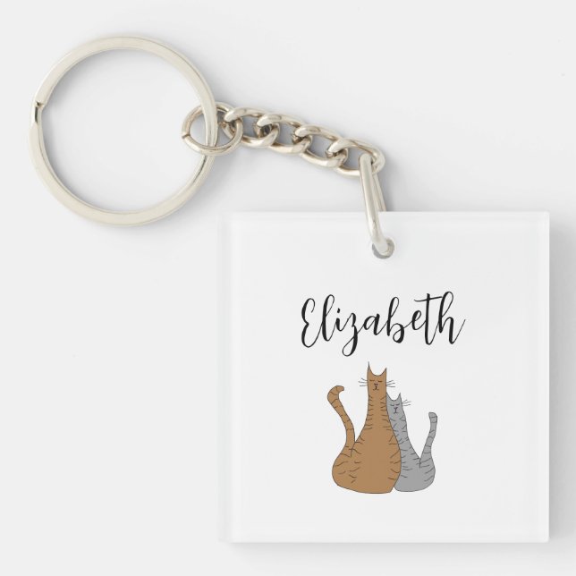 Cat Cartoon Drawing Winking Cute Tabby Kitties Keychain (Front)