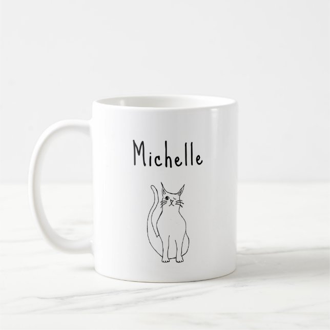 Cat Cartoon Winking Kitty Cute Black White Coffee Mug (Left)