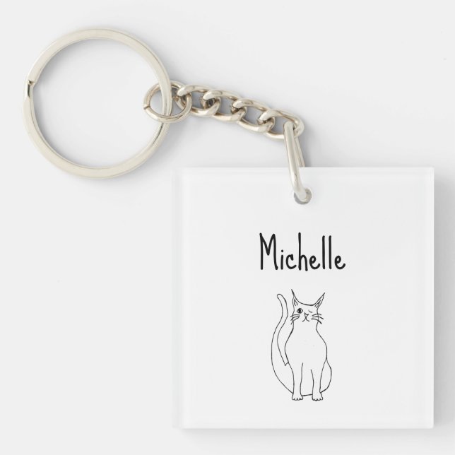 Cat Cartoon Winking Kitty Cute Girly Keychain (Front)